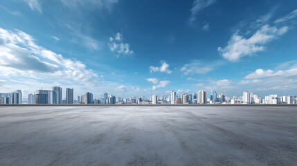 Expansive Concrete Plaza with Modern City Skyline Under Blue Sky