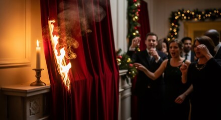 Red curtain catches fire from a candle as people watch horrified. Fire safety rule violation in winter holidays. Emergency, accident.