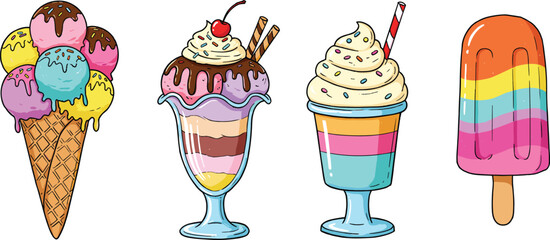 Colorful cartoon vector illustration of ice cream cone, sundae, milkshake, and rainbow popsicle desserts with whipped cream, syrup, toppings