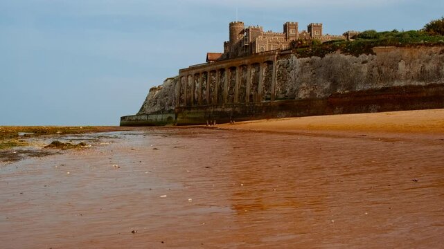Kingsgate Bay beach and castle, Broadstairs, Kent, England, UK, with chalk cliffs, sandy cove and clifftop views