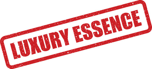 Textured rectangular rubber stamp icon displaying the prominent capital text LUXURY ESSENCE angled for a dynamic visual effect