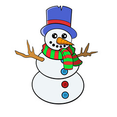 Snowman with a green and red scarf and a blue hat winter Christmas clip art