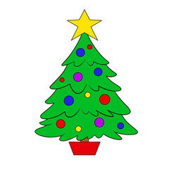 Green christmas tree with colourful baubles and a yellow star