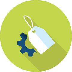 Flat Icon With A White Tag And A Blue Gear Symbol On A Lime Green Circular Background With Long Shadow