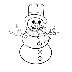 Snowman with a top hat, scarf and twigs for arms clip art hand drawn black and white