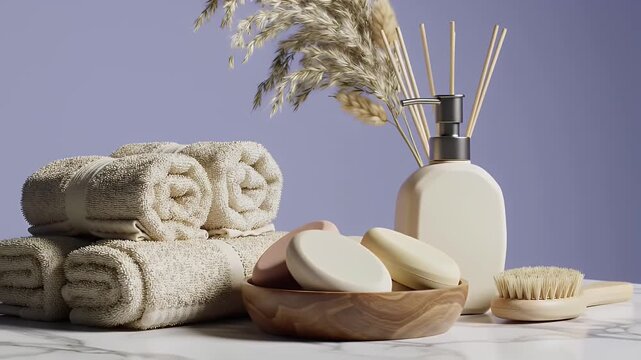 Close Up of Serene Spa Essentials Featuring Rolled White Towels with Neutral Reed Diffuser on a Marble Surface Against Pale Purple Backdrop with Soaps and Brush Rendering 3D