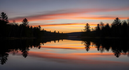 A serene AI-generated sunset landscape showing a beautiful reflection of colorful clouds and pine trees on a calm lake. Perfect for backgrounds, nature concepts, and peaceful outdoor scenes.