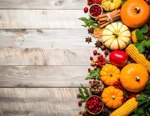 Top view flat lay composition of autumn harvest ingredients including pumpkins, corn, apples, cinnamon sticks, and cranberries