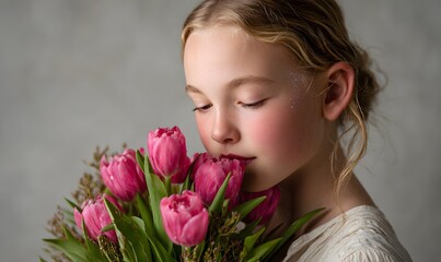 Naklejka premium A young girl with blonde hair, highlighted with delicate glitter, is captured in a moment of pure bliss as she brings a vibrant bouquet of pink tulips to her face