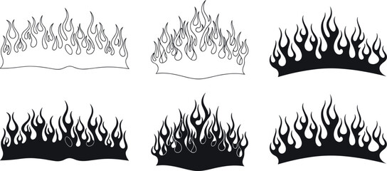 A collection of stylized fire and flame graphic elements in black silhouette and outline, perfect for hot rod vehicle decals and tattoo art concepts