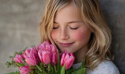 Naklejka premium A young girl with blonde hair, highlighted with delicate glitter, is captured in a moment of pure bliss as she brings a vibrant bouquet of pink tulips to her face