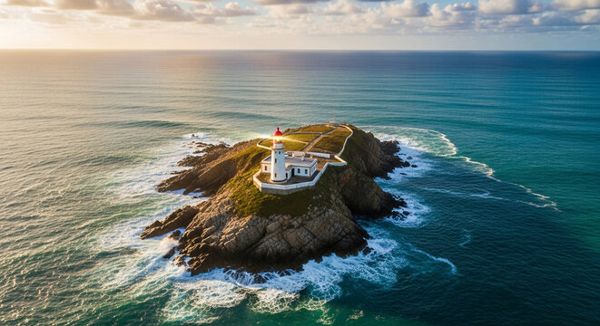Aerial view of ynys llanddwyn island with lighthouse in anglesey, north wales, uk, with a beautiful sea and sky on a sunny day