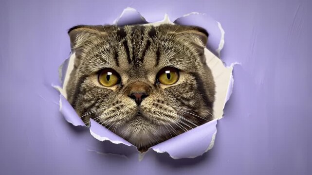 Cute Sable Persian Cat Peeking Through Ripped Lilac Wall Hole with Soft Lighting Animalistic Charm Kitten Eye Contact and Unique Textural Background for Creative Projects