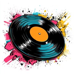 Vibrant vinyl record with a retro pop art sleeve  showcasing a nostalgic 80s comic style design featuring bold  bright accent colors against an isolated white background  This contemporary