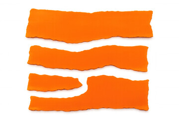 Orange torn paper strips with ripped edges, abstract blank fragments for message or background on transparent