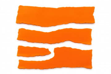 Orange torn paper strips with ripped edges, abstract blank fragments for message or background on transparent