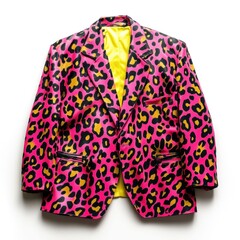 A bold and eye catching leopard print jacket featuring a vibrant neon pink and yellow color palette and an exaggerated comic inspired texture  isolated against a clean white background  This striking