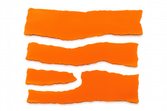 Orange torn paper strips with ripped edges, abstract blank fragments for message or background on transparent