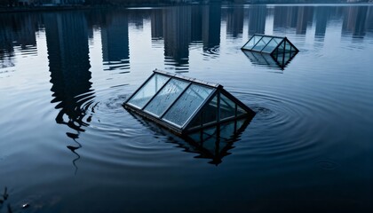 City skyline submerged, only rooftops poking through flooded glass 