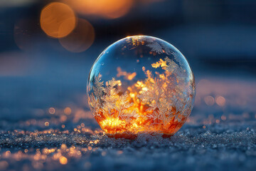 Frozen bubble with fiery interior reflecting warm light