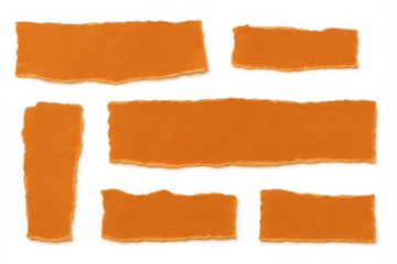Orange torn paper fragments and shredded notes with rough edges, providing copy space on a transparent background