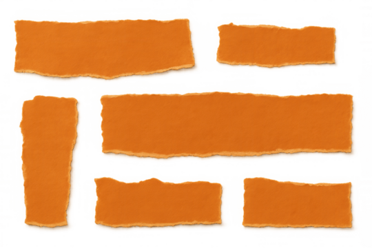 Orange torn paper fragments and shredded notes with rough edges, providing copy space on a transparent background