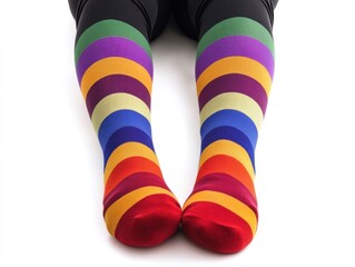 Vibrant and Playful Striped Knee Socks in Exaggerated Pop Art Inspired Color Blocking Displayed on Isolated White Background Showcasing Retro Aesthetic and Dynamic Fashion Design