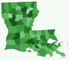 Map of Louisiana with counties. Just a simple state border map with county division. Green color palette. Blank State of Louisiana shape with administrative division. Vector illustration.