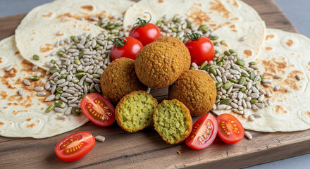 Vegan falafel balls with fresh tomatoes and seeds.