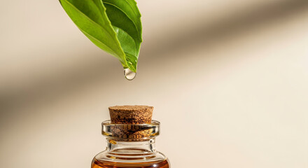 Leaf drops essential oil into glass bottle.