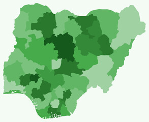 Fototapeta premium Map of Nigeria with regions. Just a simple country border map with region division. Green color palette. Blank Federal Republic of Nigeria shape with administrative division. Vector illustration.