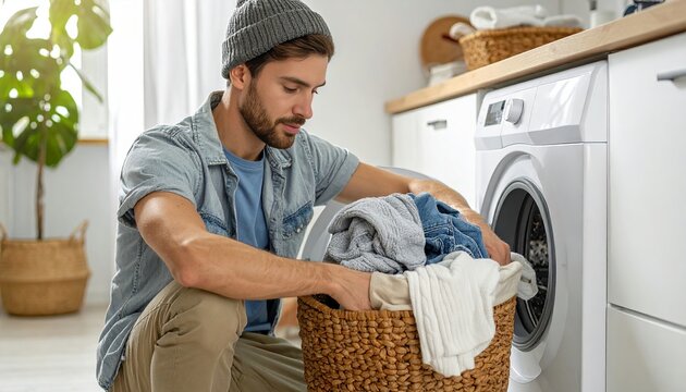 Young man loading clothes from a washing machine into a laundry basket, symbolizing cleanliness