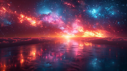 Cosmic sunset reflected in tranquil water, nebulae backdrop