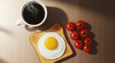 Breakfast with egg on toast and coffee.