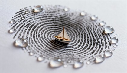 Tiny boat in a giant fingerprint, macro water droplet around edge