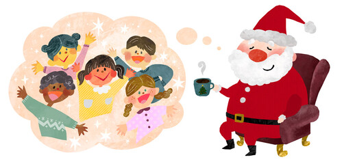 クリスマスを喜ぶ世界の子供たちの事を考えているサンタクロースのクリスマスイラスト