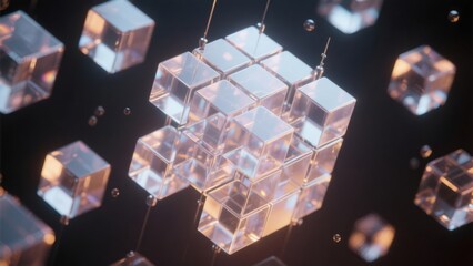Transparent nesting cubes, each defying gravity with soft lighting 