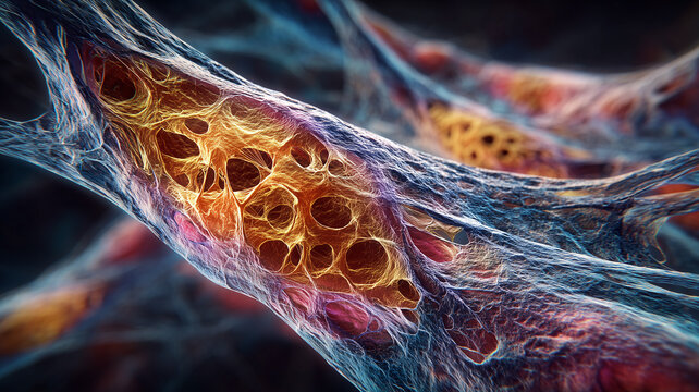 Fibrous connective tissue window revealing collagen lattice with pores and tension lines, representing scaffolds for cell attachment biomechanics and medical visualization
