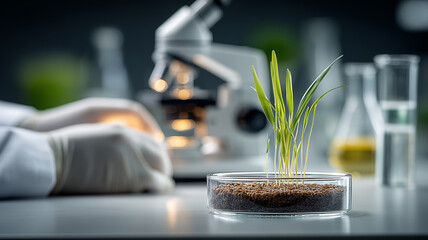 Young plant sprouts growing in a petri dish symbolizing agricultural biotechnology controlled experimentation and sustainable crop development.
