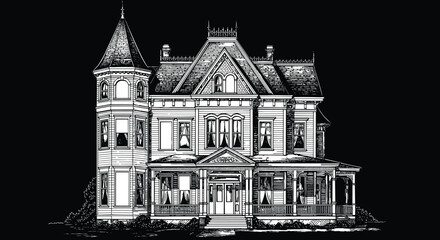 Victorian house illustration, detailed architectural drawing, ornate turret design, wraparound porch, vintage home exterior, historic architecture, blue stylized rendering, classic