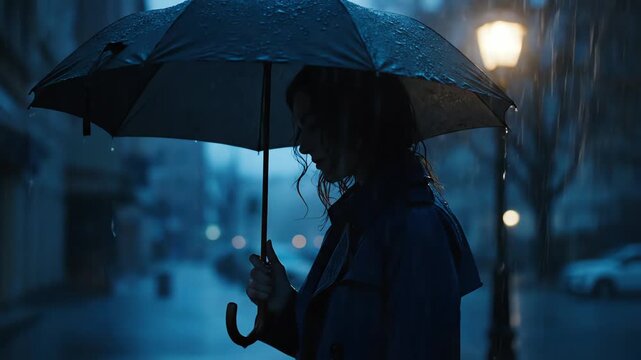 Woman Holding Umbrella Standing in the Rain on City Street