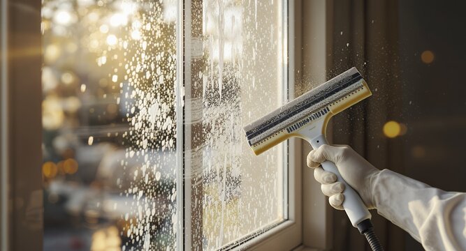 Close-up of a gloved hand cleaning a window with a squeegee and soapy water, sunlight streaming through the sudsy glass, creating a sparkling effect and blurred bokeh background.