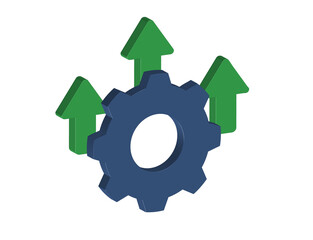 Simple 3D illustration of a gear icon with three upward arrows. Transparent background, PNG format.