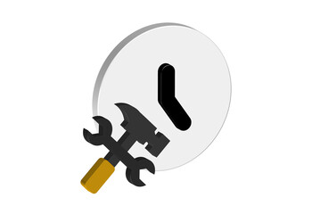 Simple 3D illustration of a clock icon with crossed tools. Transparent background, PNG format.