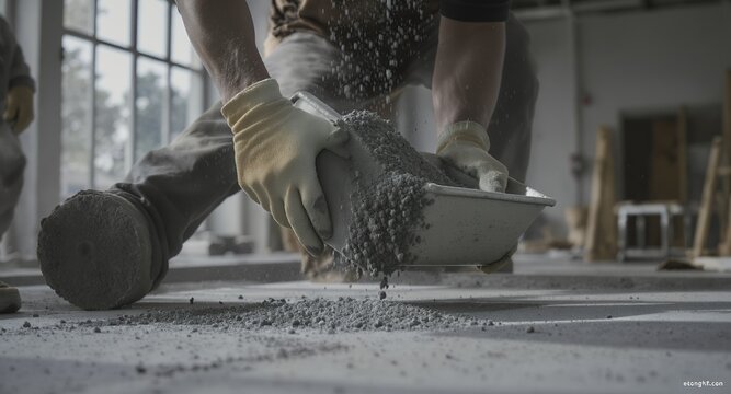 Construction Worker Pouring Material from Trowel onto Floor