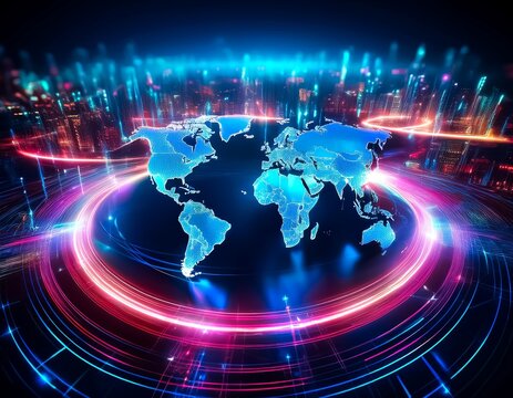 Hints: Global connections, technology, digital world.

Visualizing global technology and data flow. A glowing world map surrounded by vibrant light trails, symbolizing interconnectedness and digital a