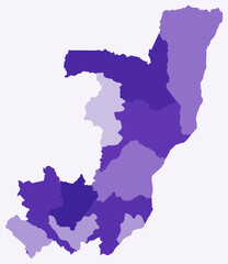 Map of Republic of the Congo with regions. Just a simple country border map with region division. Deep purple color palette. Blank Republic of the Congo shape with administrative division.