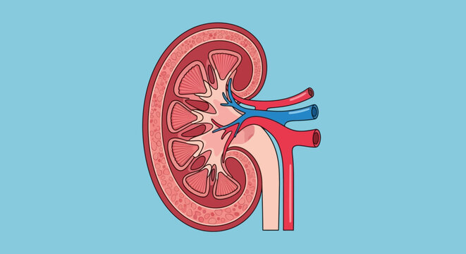 Medical illustration of a human kidney's cross-section, detailing internal anatomy with cortex, medulla, and vascular network for biology and health education