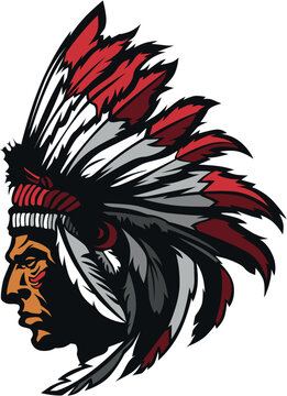 Side Portrait of Native American Chief with Decorative Feather Headdress in Hand-Drawn Vector Style Representing Tribal Heritage