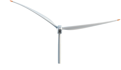 Wind turbine with three blades, against a black background, low angle view